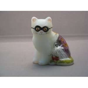  Satin Milk Glass Masked Sitting Cat Hand Painted Haunted 