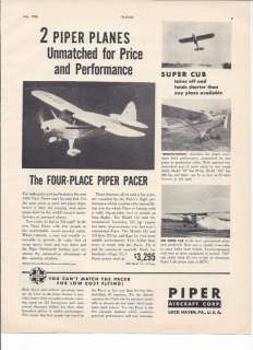 RARE 1950 Piper Pacer & Super Cub Plane Ad  