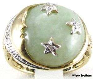   Moon & Stars   14k Gold Jadeite Genuine Diamonds Celestial Asian Ring