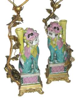 Pair of Chinese Export Porcelain Foo Dog Lamps  