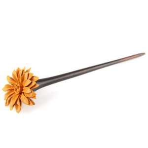 Hand Carved Sono Wood Hair Stick   Painted Leather Flower   Orange   7 
