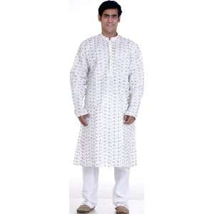 Ivory Kurta Pajama with All Over Embroidered Flowers   Pure Cotton