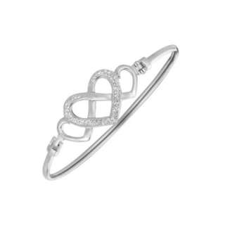 Genuine 925 Sterling Silver CZ Crystal Heart Link Bangle In 7.