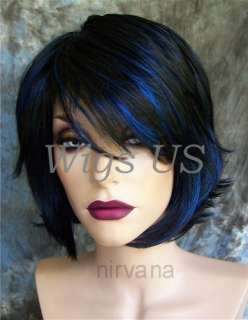 WIGS Long layers long bangs choppy angles Jet Black with Blue Wig US 