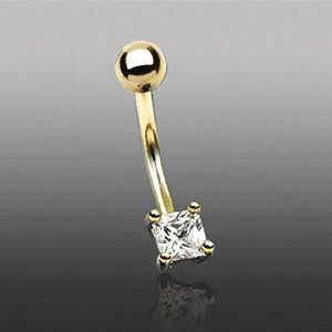  14KT Yellow Gold Navel Ring w/ Clear Small Square CZ   14G 