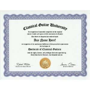 Classical Guitar Degree Custom Gag Diploma Doctorate Certificate 