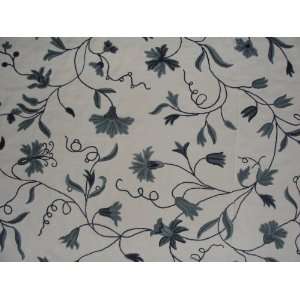  Crewel Fabric Butterflies on Vines Blues on Off White 