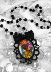   Mushroom Fantasy Art Magical Shroom Land Black Filigree Necklace 20 FB