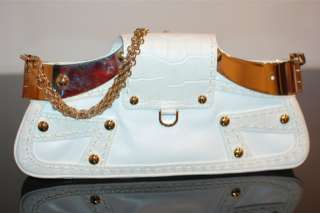 HOT Versace Famous Crocodile Print Icon Bag White Leather Gold Chain 