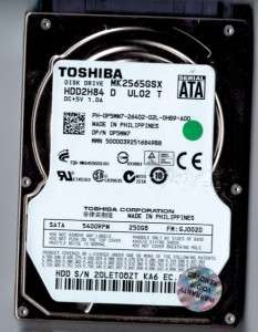 250 GB Disco duro MK2565GSX HDD2H84 de Toshiba SATA HDD PROBADA