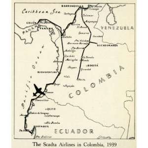 1943 Print Scadta Airline Airplane Route Map South America Colombia 