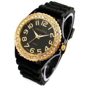  Geneva Black Silicone Ceramic Style Wrist Watch Surrounded 