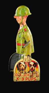 RARE GI JOE AND THE K 9 PUPS 1930S WIND UP TIN TOY UNIQUE ART WWII 