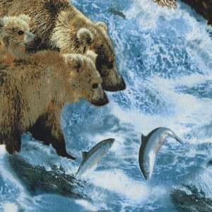 NA WILDLIFE BROWN BEARS AND FISH~ Cotton Quilt Fabric  