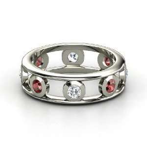  Dot Dash Band, Sterling Silver Ring with Diamond & Red 