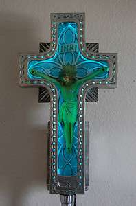 Large Art Deco Blue Neon Polished Aluminum Crucifix on Original Stand 
