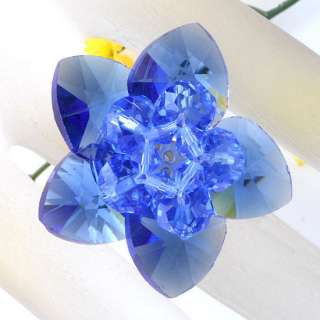 Sky Blue Facet Crystal Glass Flower Adjustable Ring#7.5  