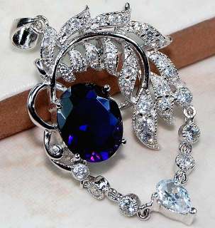 Sapphire & White Topaz 925 Solid Sterling Silver Pendant 1 3/4Long 
