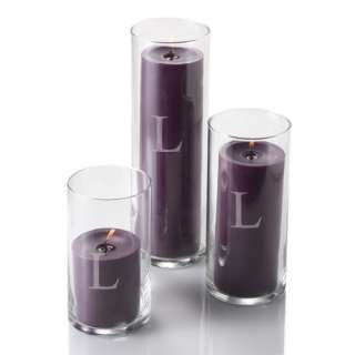 Set of 3 Engraved Glass Cylinder & 3 Purple Pillar Candles, Custom 