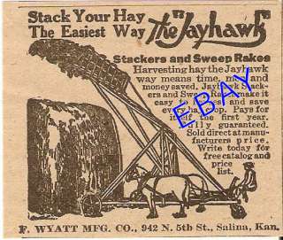 1919 WYATT JAYHAWK HAY STACKER SWEEP RAKE AD SALINA KS  