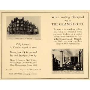 1926 Ad Grand Hotel Blackpool England Building Lounge 