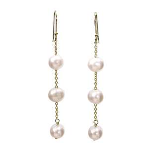 Dangling Pearl Tincup Earrings 18k Gold Plated w/3 Freshwater Pearls 6 