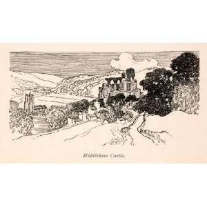  1903 Line block Print Middleham Castle Yorkshire England 