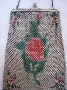 ART DECO WHITING & DAVIS MESH PURSE ROSE AND ROSES PINK  