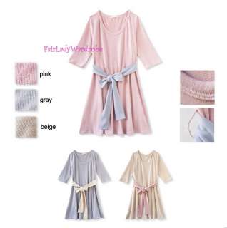 Japan Contrast Belted Swing Soft Knit OL Dress Pink  