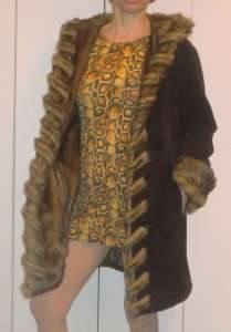   BROWN SUEDE LEATHER AND FAUX FUR DENNIS BASSO COAT with HOOD S  