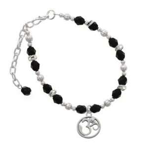 Silver Om in Circle with Clear Swarovski Crystal Black Czech Glass 