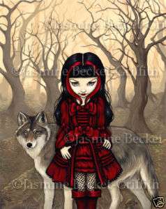 Red Riding Hood in Autumn wolf gothic fae art BIG PRINT  
