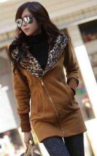 Japan Korea Womens Leopard fleece Hoodie Sweatshirt Jacket Coat Warm 