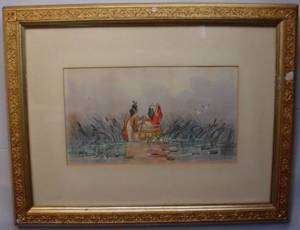 Antique Watercolor Painting Native Indian Braves Canoe  
