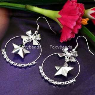 SILVER PLATED CIRCLE STAR BOW CRYSTAL HOOP EARRING PAIR  