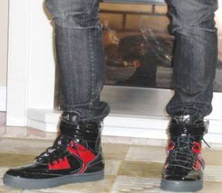 Mens Basket Ball Patent Leather Mid Top Sneaker  Color Black/Red 