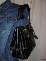 BFS03~MAXX NEW YORK Black Leather Stitch Trim 2 strap Satchel Handbag 