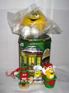   LE 1998 Christmas Village Tin Yellow Mini Plush MIB & 2 Toppers m&m