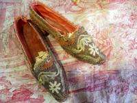 PAIR ANTIQUE FRENCH SHOES 18TH C BEADS GOLD METALLIC EMBROIDERY  