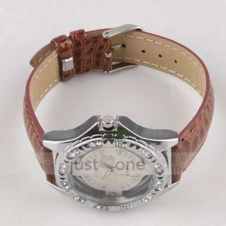 Fashion Unisex Ladies Crystal Quartz Wrist Watch PU Leather Band Brown 