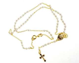 Rosary Necklace Gold 18k GF White Pearl 2mm VIRGIN MIRACULOUS 18 
