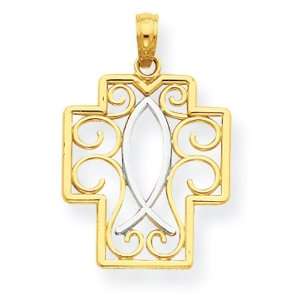  14k Two Tone Filigree Cross With Ichthus Pendant Jewelry