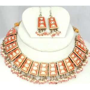 Orange Meenakari Necklace Set with Dangling Beads   Lacquer with Cut 
