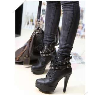 LY985 B3 Punk New Womens Studded High Heels Platform Lace up Ankle 