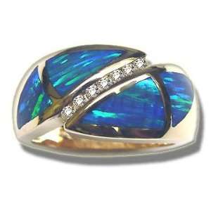  .14 ct Tw Ladies 7 Diamond Inlaid Created Opal Band Ring Jewelry