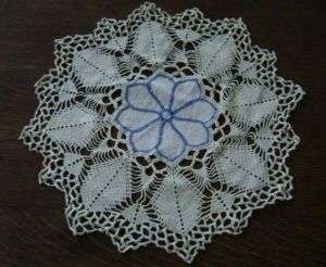 Vtg Crochet Lace Center Doily Blue Floral Diamonds  