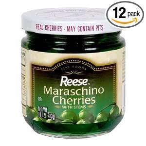 Reese Green Maraschino with Stem, 10 Ounce Jars (Pack of 12)  