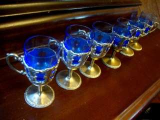 Vintage 6 Blue Liqueur Glass Set w Brass Finish Holder  