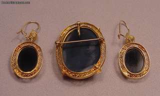 Rare Antique Hard Stone Victorain14k Cameo Pendant Brooch Earrings Set 