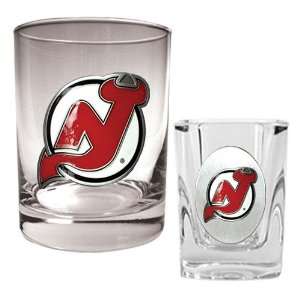   Jersey Devils NHL Rocks Glass & Square Shot Glass Set   Primary Logo
